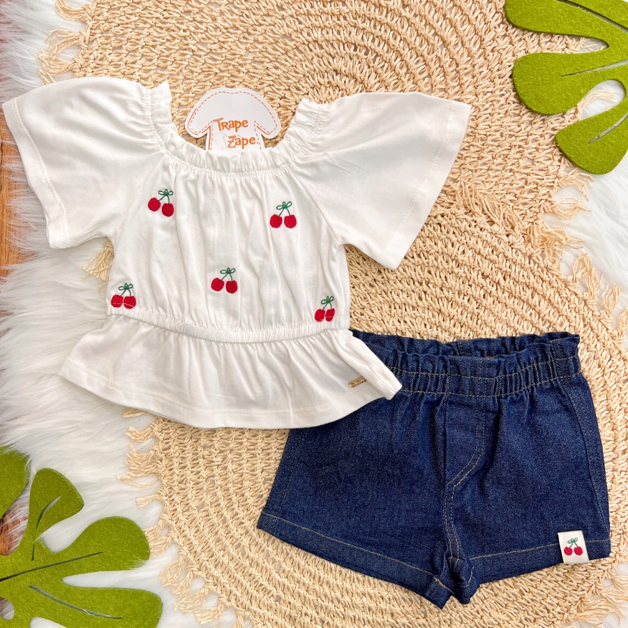 Conj. Batinha Cerejas e Short em Sarja - Off White e Jeans